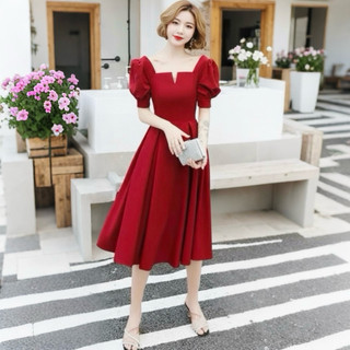 Đầm midi đỏ noel, chụp hình tết váy dự tiệc cổ khoá form dài (kèm hình thật)