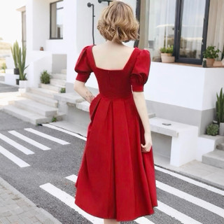 Đầm midi đỏ noel, chụp hình tết váy dự tiệc cổ khoá form dài (kèm hình thật)