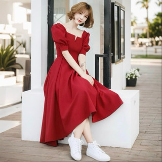 Đầm midi đỏ noel, chụp hình tết váy dự tiệc cổ khoá form dài (kèm hình thật)