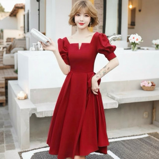 Đầm midi đỏ noel, chụp hình tết váy dự tiệc cổ khoá form dài (kèm hình thật)