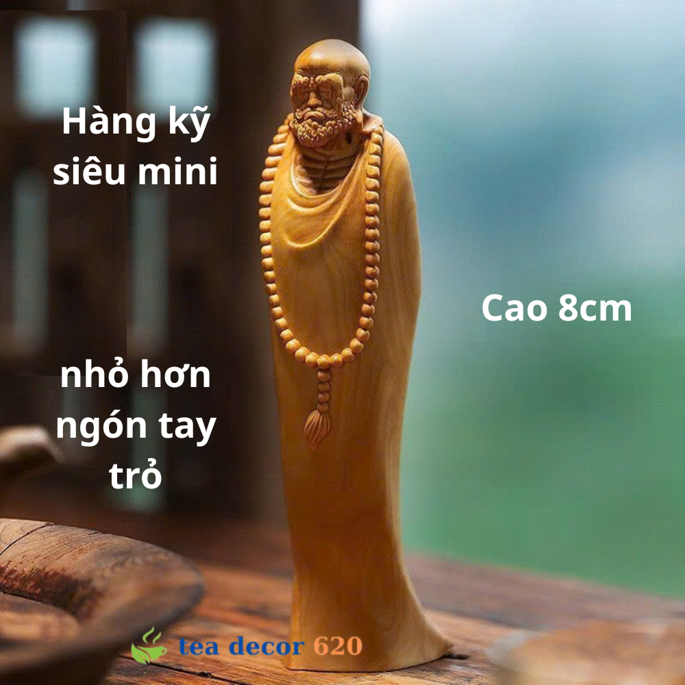 Tượng gỗ hoàng dương Đạt Ma sư tổ cao ~8cm hàng kỹ siêu mini