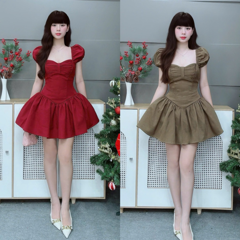 C81 Đầm cổ vuông tay búp xếp ly ngực