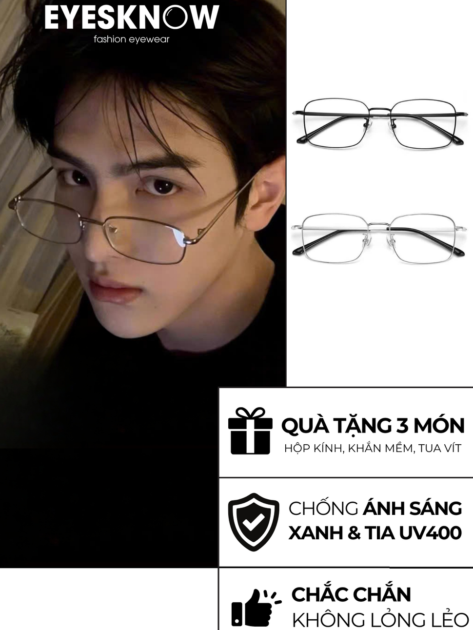 Kính gọng kim loại dáng vuông đọc sách CVO STUDIO chống ánh sáng xanh dành cho học sinh, sinh viên