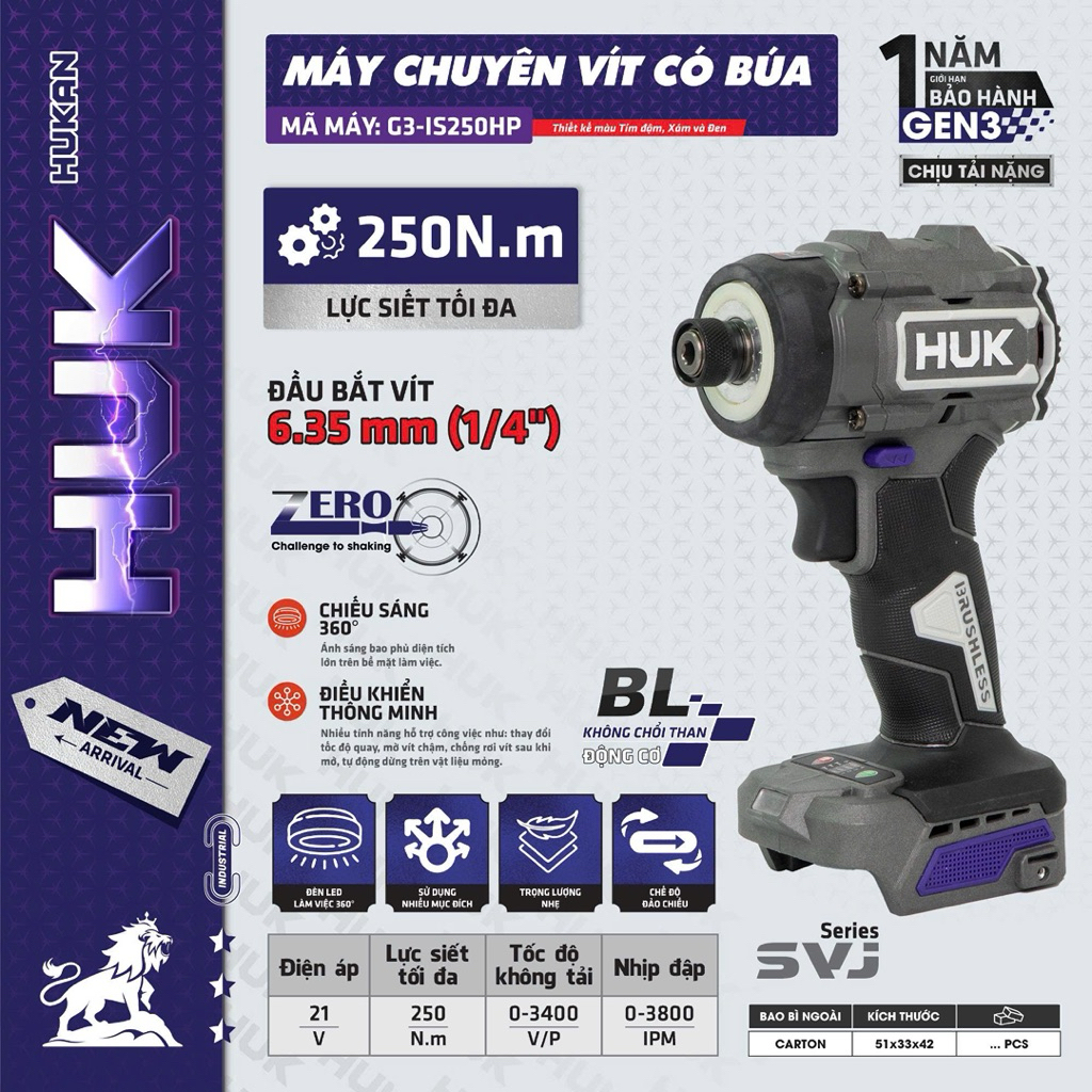 [GEN3] Thân máy chuyên vít GEN3 HUKAN G3-IS250HP,Chịu tải nặng,lực siết 250N.m,Bảo hành 1 năm