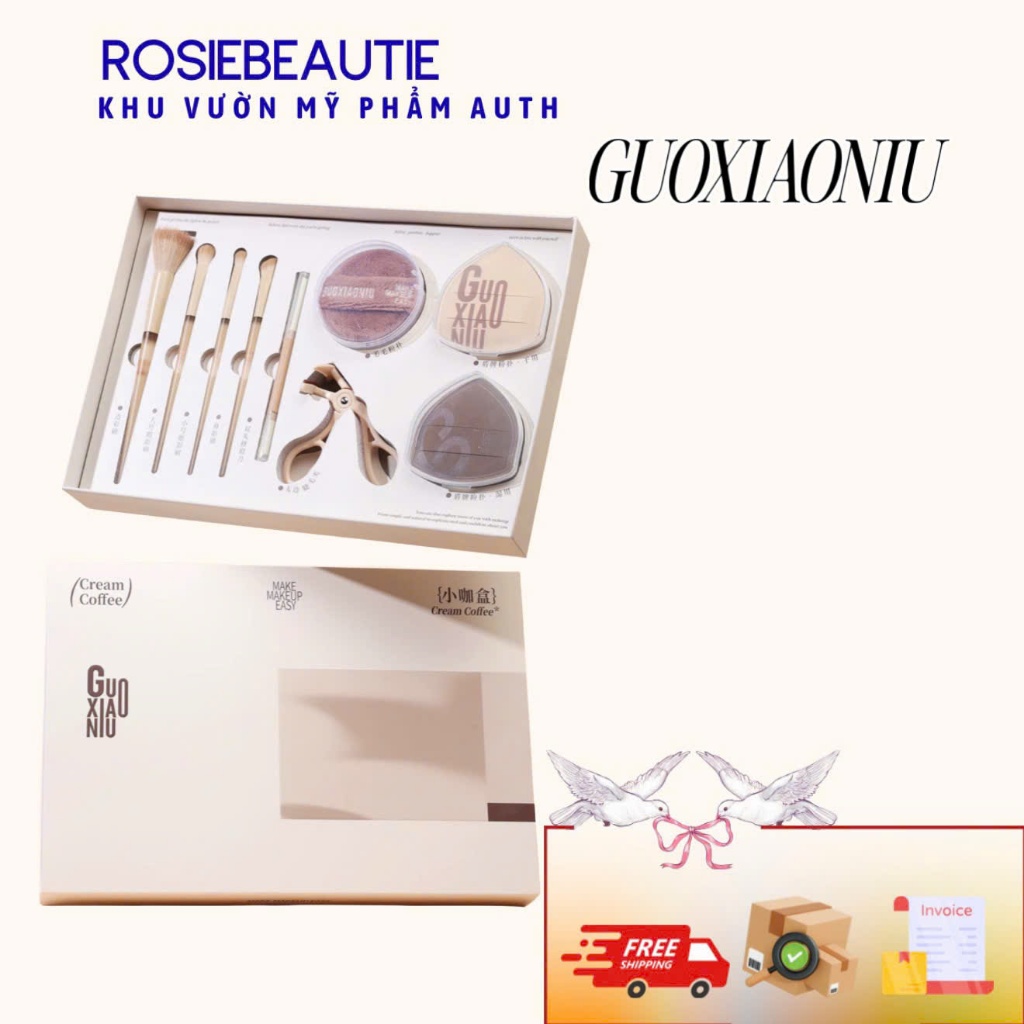 Bộ quà tặng Cream Coffee Makeup Box – 3 mút, 1 dao cạo, 1 kẹp mi, 4 cọ – set trang điểm đầy đủ