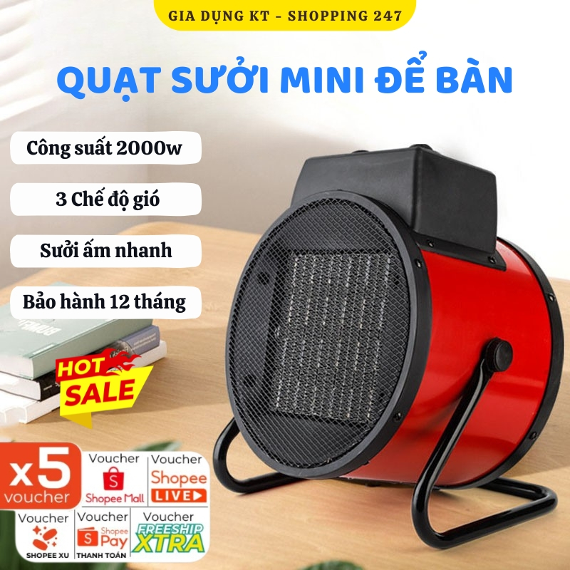 Máy Sưởi, Quạt Sưởi Điện Mini Để Bàn Công Suất Lớn 2000W, Làm Ấm Cực Nhanh, Thân Kim Loại Chắc Chắn, Hoạt Động Bền Bỉ