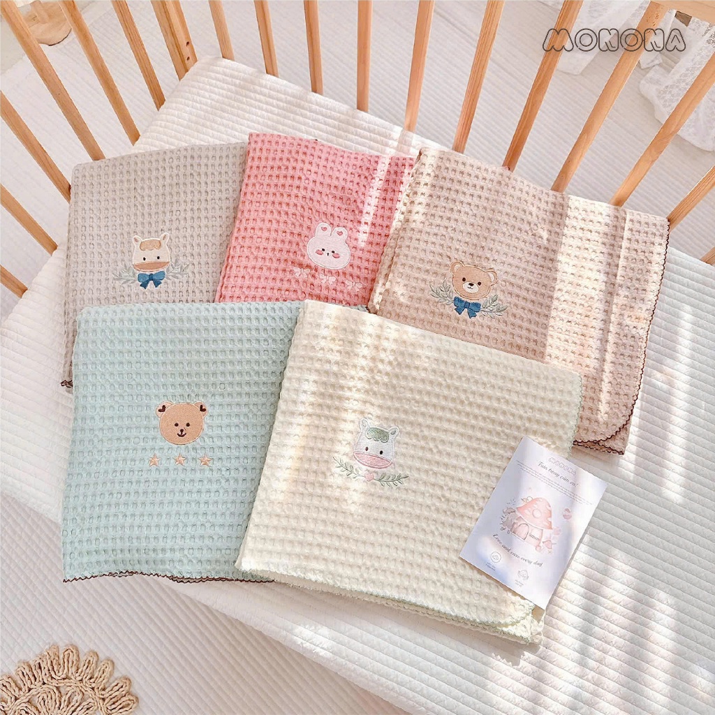Chăn lưới Monona vải WAFFLE sợi tre họa tiết thỏ mèo đáng yêu