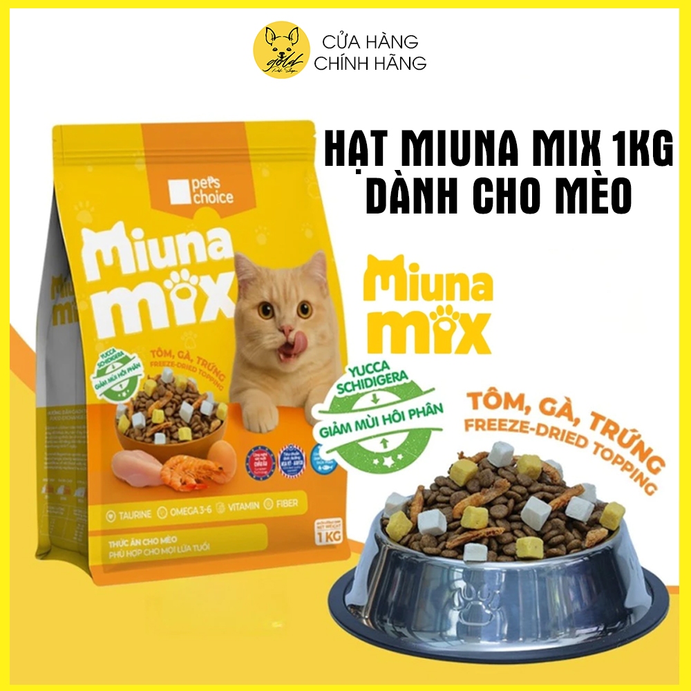 Thức ăn cho mèo MIUNA MIX túi 1kg- hạt cho mèo Mix Topping thịt,trứng,tôm sấy khô - GOLD PET SHOP
