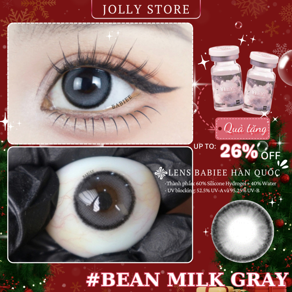 Lens Bean Milk Gray BABIEE EYES Kính áp tròng JOLLY STORE giãn to
