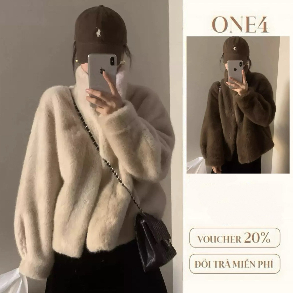 [ONE4] Áo khoác lông chồn, bên trong lót da lộn dày dặn cổ đứng mùa đông.