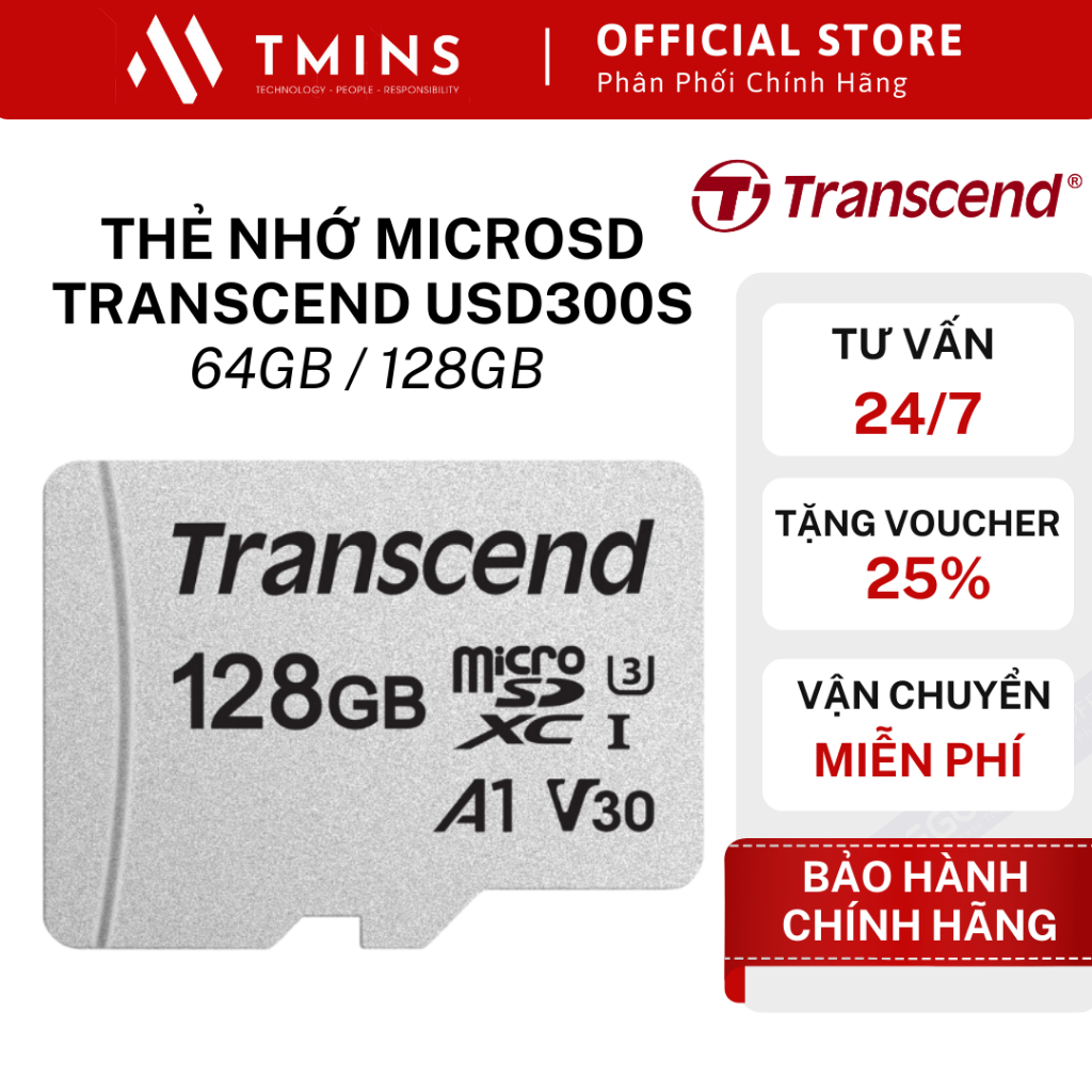Thẻ nhớ MicroSD Transcend USD300S 64GB / 128GB Class 10 upto 100MB/s - Bảo hành 3 năm