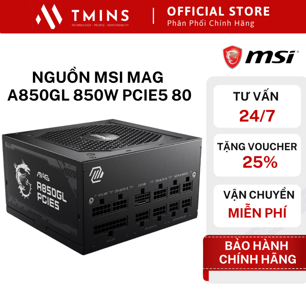 Nguồn MSI MAG A850GL 850W PCIE5 80 Plus Gold Full Module - Hàng chính hãng.