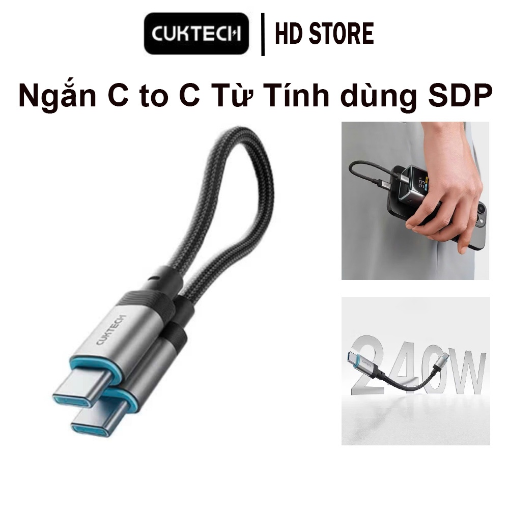 Cáp ngắn Cuktech Type C to C sạc nhanh 240W  từ tính  ngắn 15Cm bọc dù cho Điện thoại tai nghe lapto