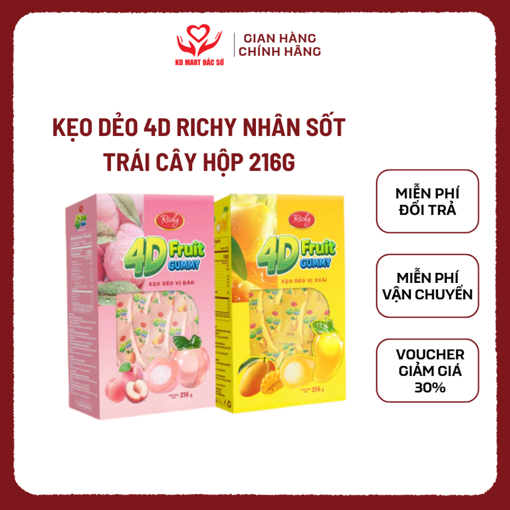 Hộp/Túi Kẹo Dẻo Vị Trái Cây Richy 4D Fruit Gummy 2 Vị Xoài & Đào
