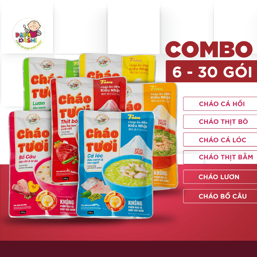 Combo cháo tươi Papa Dashi 240g mix 6 vị, cháo ăn liền, cháo dinh dưỡng thơm ngon, bổ dưỡng, tiện lợi cho bé