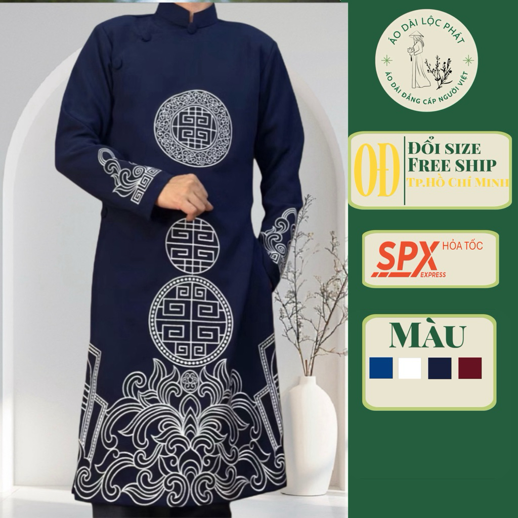 Áo Dài Nam Cách Tân Vải Tuyết Mưa Thêu Máy Hoạ Tiết Đồng Tiền Cao Cấp - Áo Dài Lộc Phát