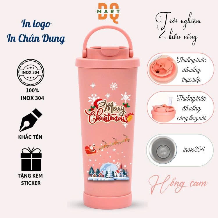 Bình giữ nhiệt cao cấp pastel 830ml khắc tên , DQMart hãng inox 304, tặng sticker, ống hút trân châu