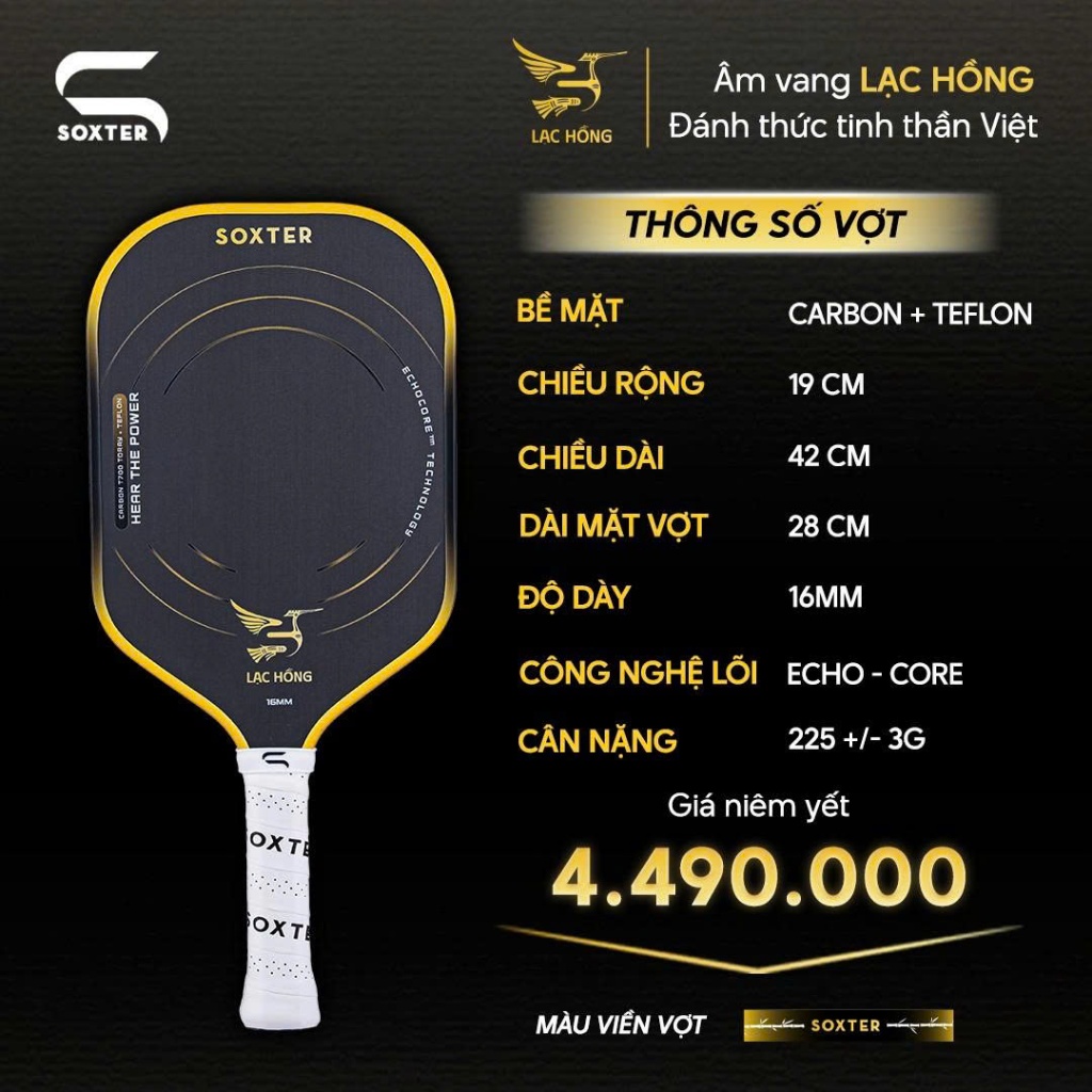 Vợt Pickleball Soxter Lạc Hồng Âm Vang Từng Cú Đánh Mặt Vợt Carbon T700 Toray Kết Hợp Teflon Suface 