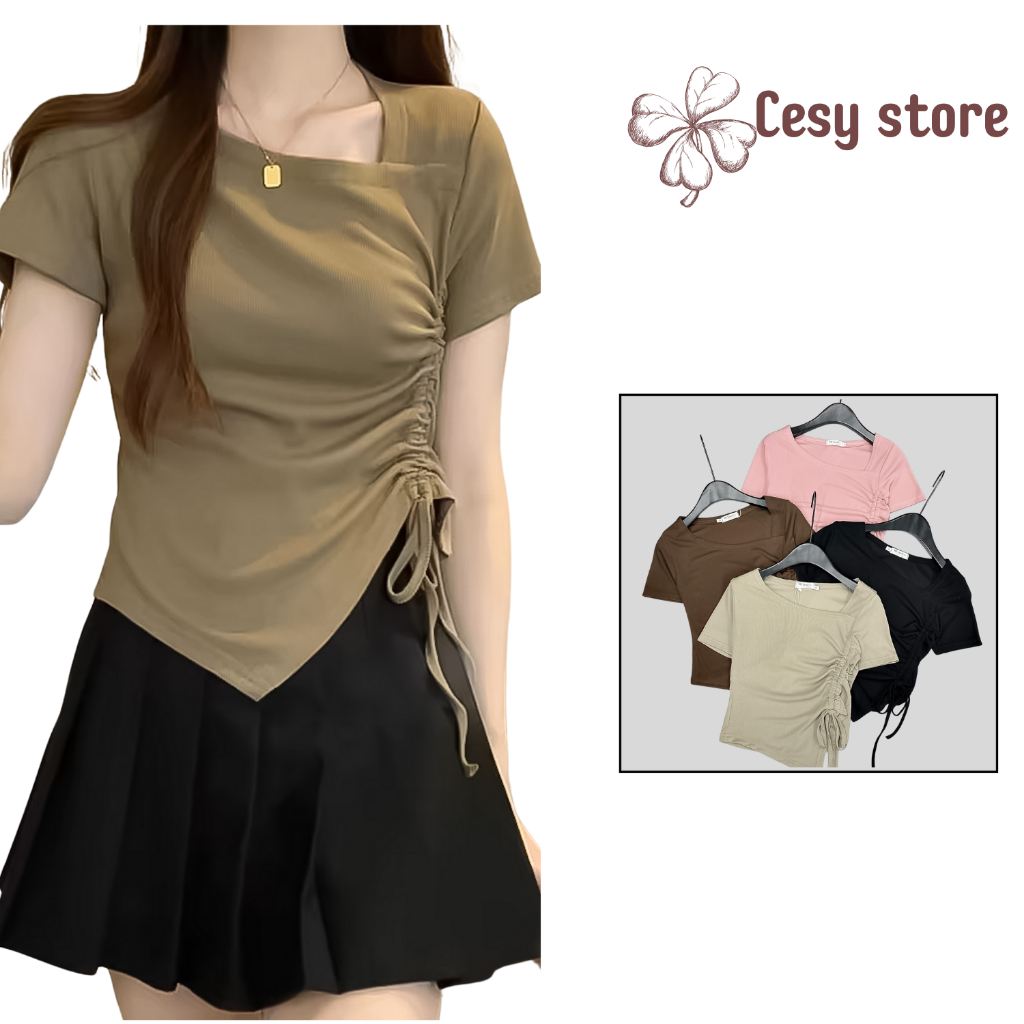 Áo thun nữ Cesy, Áo cổ vạt dây rút eo chất liệu tăm Hàn 285