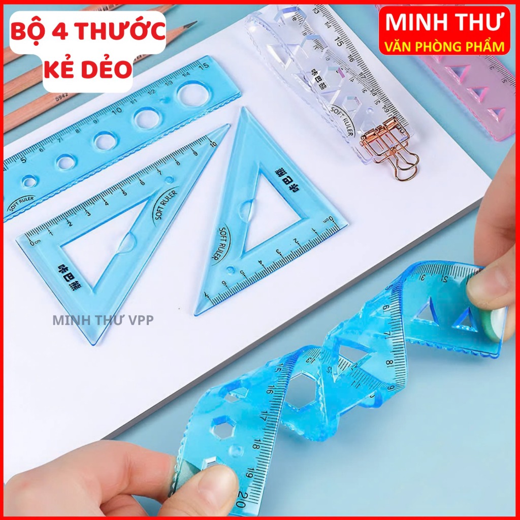 BỘ 4 THƯỚC KẺ DẺO 20cm Không Gãy Gồm Thước Thẳng Thước Eke Ngắn Dài Và Thước Đo Độ Cho Học Sinh ( gi