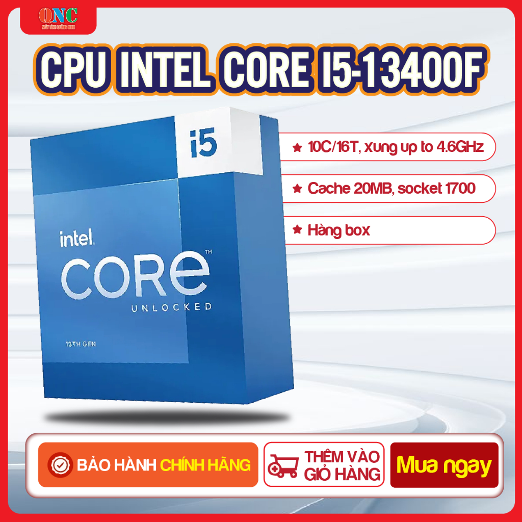 CPU Intel Core i5-13400F | 10 Nhân 16 Luồng | Xung 4.6GHz | Socket LGA1700 | Box Chính Hãng