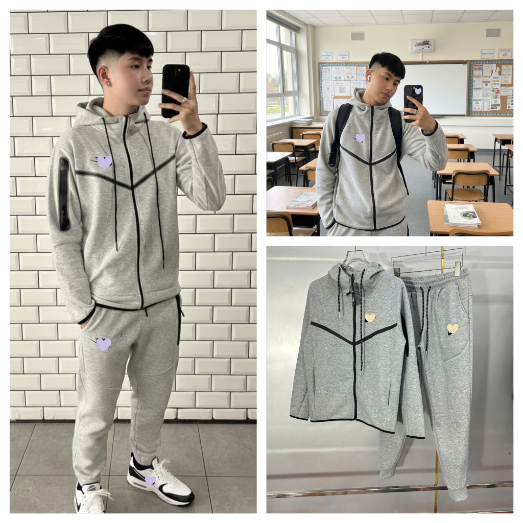 Set nỉ thu đông Nai Kỳ Tech Phối Xám Đen Fleece Ver, Quần Áo nỉ nice tech, nỉ dày dặn