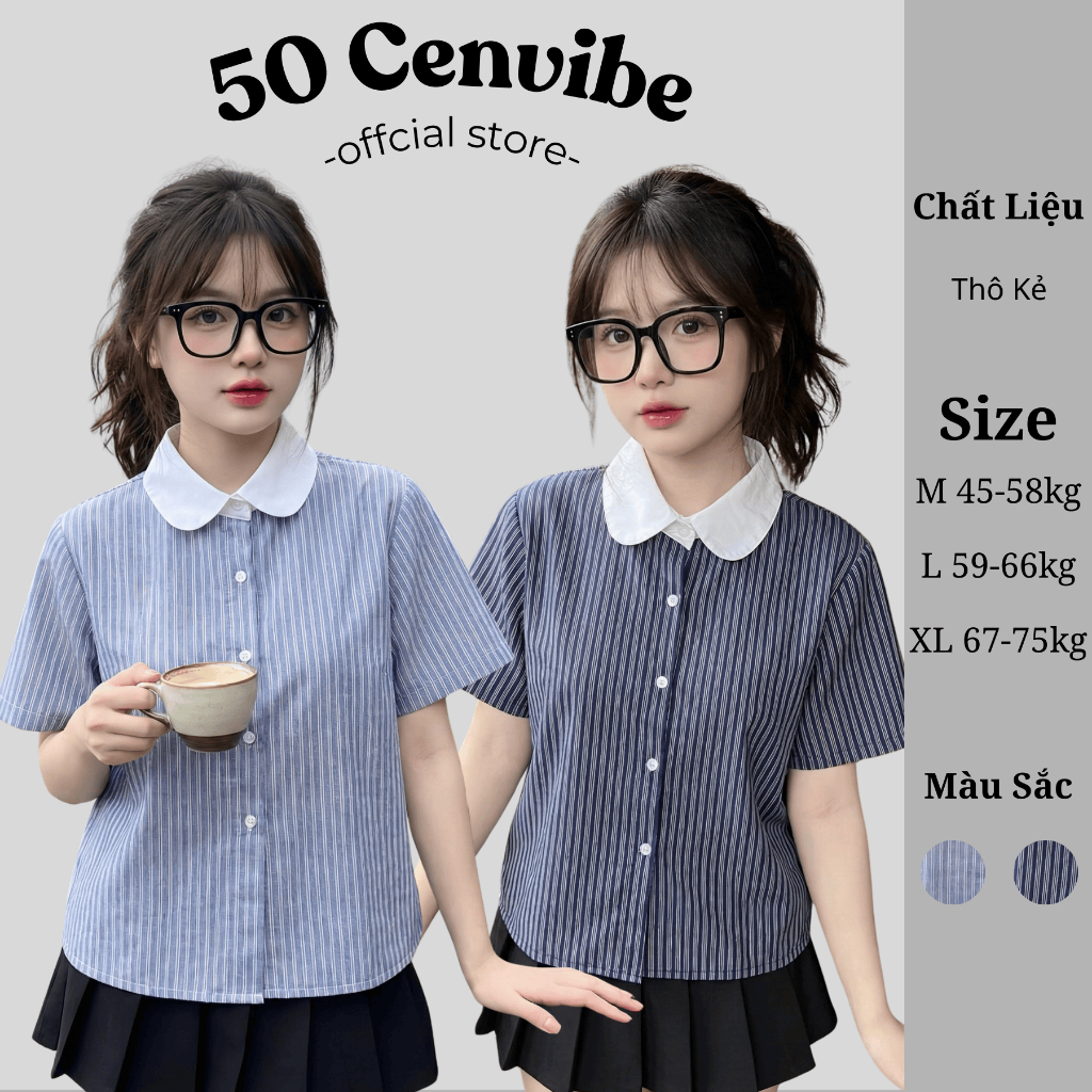 Áo Sơ Mi Nữ Kẻ Sọc Cộc Tay Phối Cổ Sen Dáng Vừa Basic Có Bigsize 45-75kg Phong Cách Korea (50 Cenvib