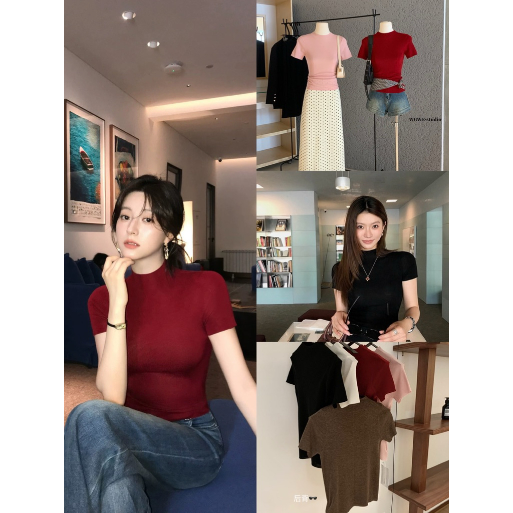 𝗺𝗶𝗲 𝘀𝘁𝘂𝗱𝗶𝗼 - /WGWE/ w7485 Áo len dệt kim mỏng nhẹ Hepburn ngắn tay cổ ôm tôn dáng