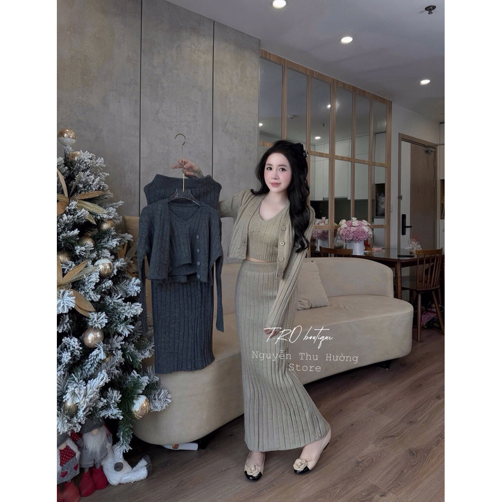 Set Len 3 Món: Áo Croptop Cổ V + Cdg + Chân Váy Maxi QC