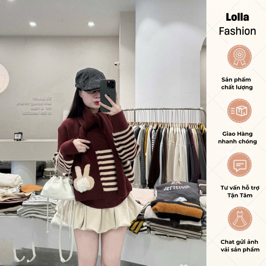 Áo Len Kẻ Nữ Form Vừa Kèm Khăn Thỏ Màu Cùng Màu Hàng Quảng Châu Ap249 - lolla fashion