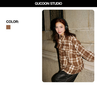  Áo Sơ Mi Flannel GUCOON Unisex Áo Sơ Mi Nam Nữ Tay Dài Form Rộng Hoạ Tiết Oversize Flannel Nâu Vàng 