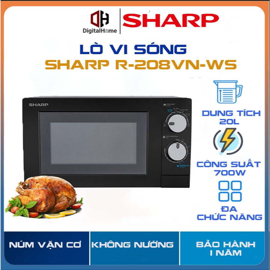 Lò Vi Sóng Sharp R208VN-WS, Dung Tích 20L, Công Suất 700W,Bảo Hành Chính Hãng