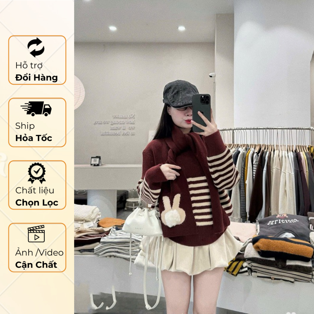 Áo Len Kẻ Nữ Form Vừa Kèm Khăn Thỏ Màu Cùng Màu Hàng Quảng Châu Ap249 - TVXQC