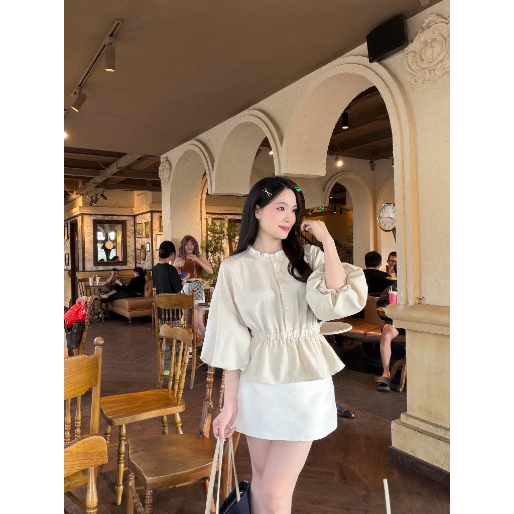 Áo sơ mi nữ tay lồng đèn cổ ren dáng eo thun xinh xắn trẻ trung LAMO - B1493 | BigBuy360 - bigbuy360.vn