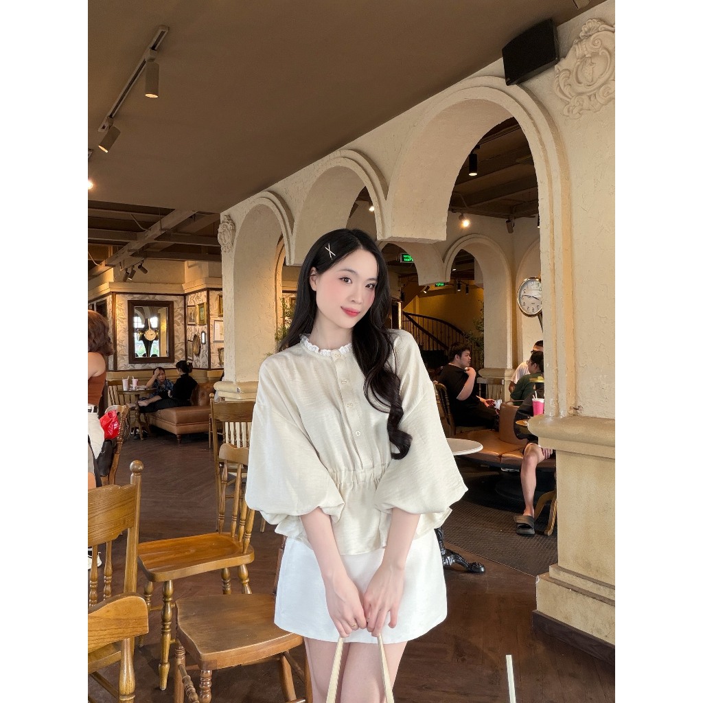 Áo sơ mi nữ tay lồng đèn cổ ren dáng eo thun xinh xắn trẻ trung LAMO - B1493 | BigBuy360 - bigbuy360.vn