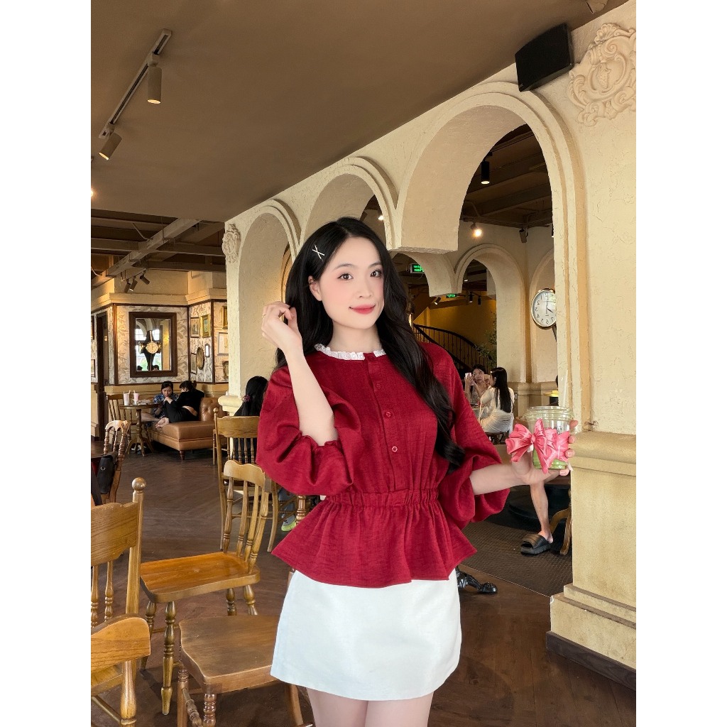 Áo sơ mi nữ tay lồng đèn cổ ren dáng eo thun xinh xắn trẻ trung LAMO - B1493 | BigBuy360 - bigbuy360.vn
