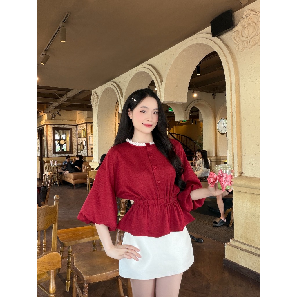 Áo sơ mi nữ tay lồng đèn cổ ren dáng eo thun xinh xắn trẻ trung LAMO - B1493 | BigBuy360 - bigbuy360.vn