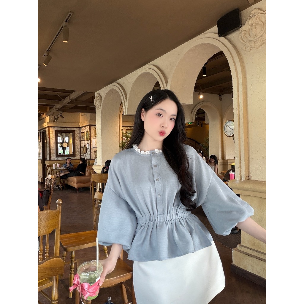 Áo sơ mi nữ tay lồng đèn cổ ren dáng eo thun xinh xắn trẻ trung LAMO - B1493 | BigBuy360 - bigbuy360.vn