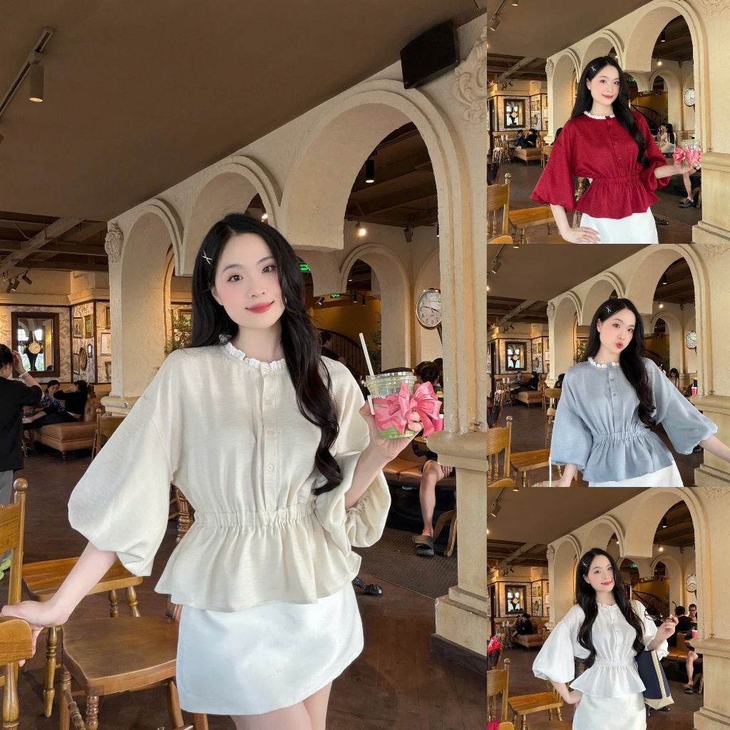 Áo sơ mi nữ tay lồng đèn cổ ren dáng eo thun xinh xắn trẻ trung LAMO - B1493