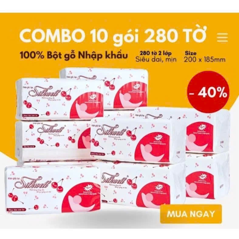 Combo 20 Gói Khăn Giấy Ăn Rút Lụa Cao Cấp Silkwell 280 Tờ/2 Lớp - Mềm Mịn, Không Mùi