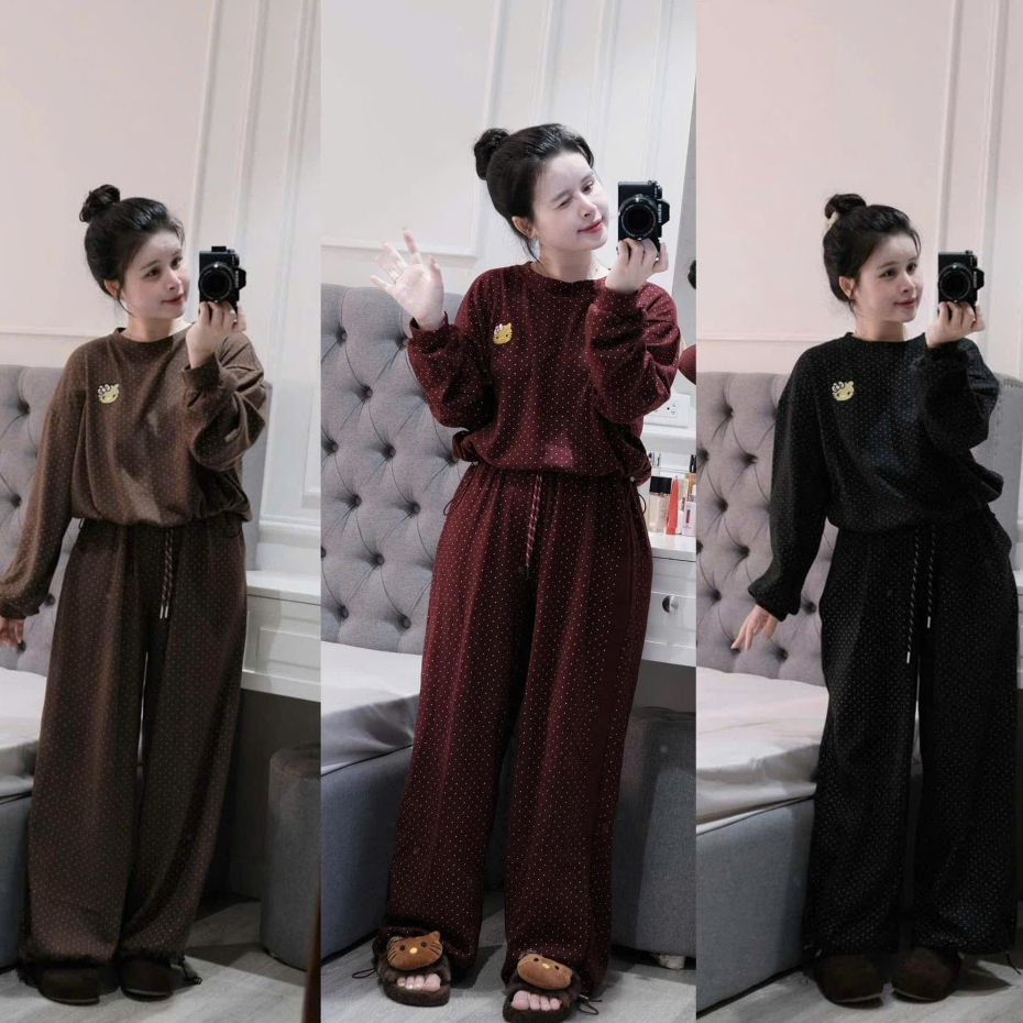 Set Bộ Đồ Nữ Len Nhung Chấm Bi Thêu Mèo Hello Kitty NHỎ Áo Cổ TRòn Dây Rút Gấu Mix Quân Dài Ống Rộng