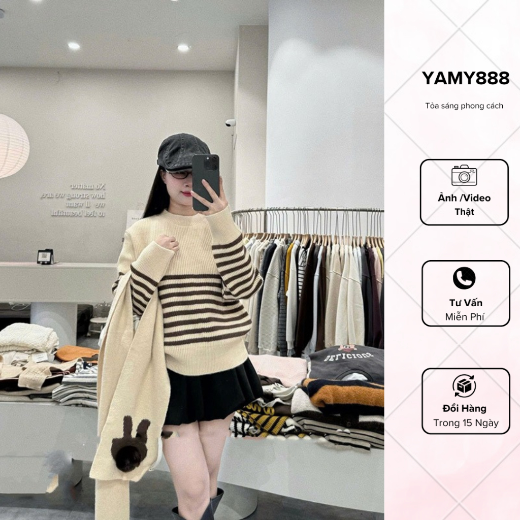 Áo Len Kẻ Nữ Form Vừa Kèm Khăn Thỏ Màu Cùng Màu Hàng Quảng Châu Ap249 - Yamy888
