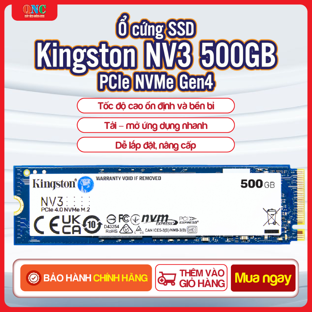 Ổ cứng SSD Kingston NV3 500GB PCIe NVMe Gen4 – Tốc độ cao, bền bỉ – Chuẩn M.2 2280 – Hàng chính hãng