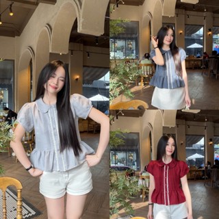  Áo sơ mi babydoll nữ cổ sen phối viền ren trẻ trung LAMO - B1495 