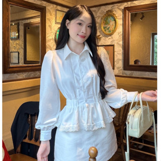  Áo sơ mi nữ dáng tay dài vải Vân mây nhún eo phối ren trẻ trung LAMO - B1482 