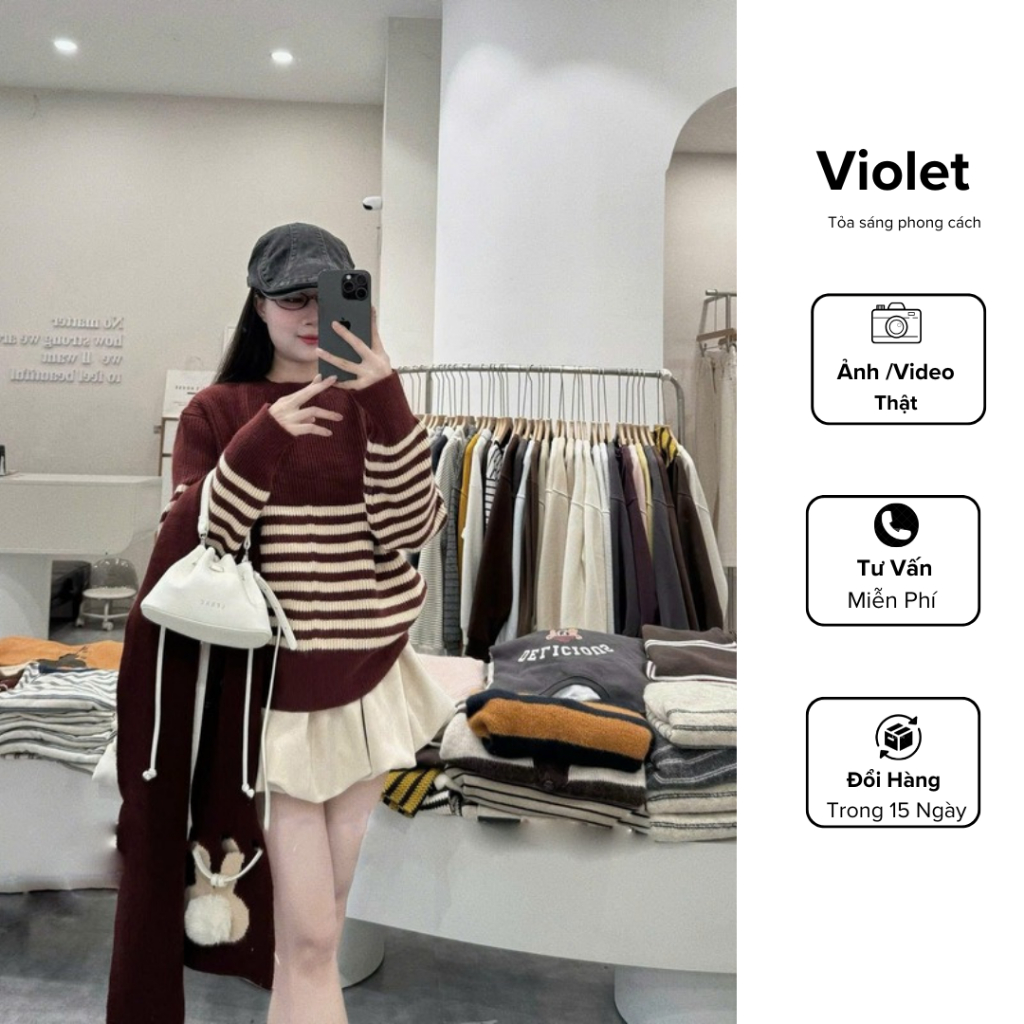 Áo Len Kẻ Nữ Form Vừa Kèm Khăn Thỏ Màu Cùng Màu Hàng Quảng Châu Ap249 -  Violet