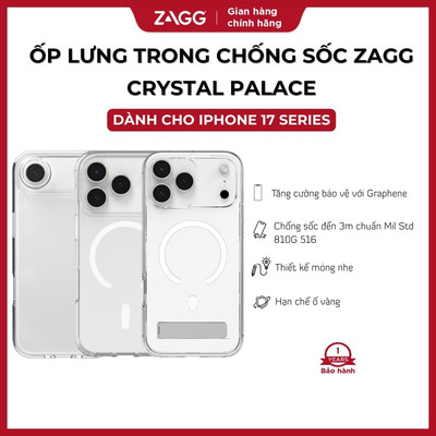 [iPhone 17 Series] Ốp lưng trong ZAGG Crystal Palace Lite/MagSafe/Kickstand/Camera Button chống sốc 3m
