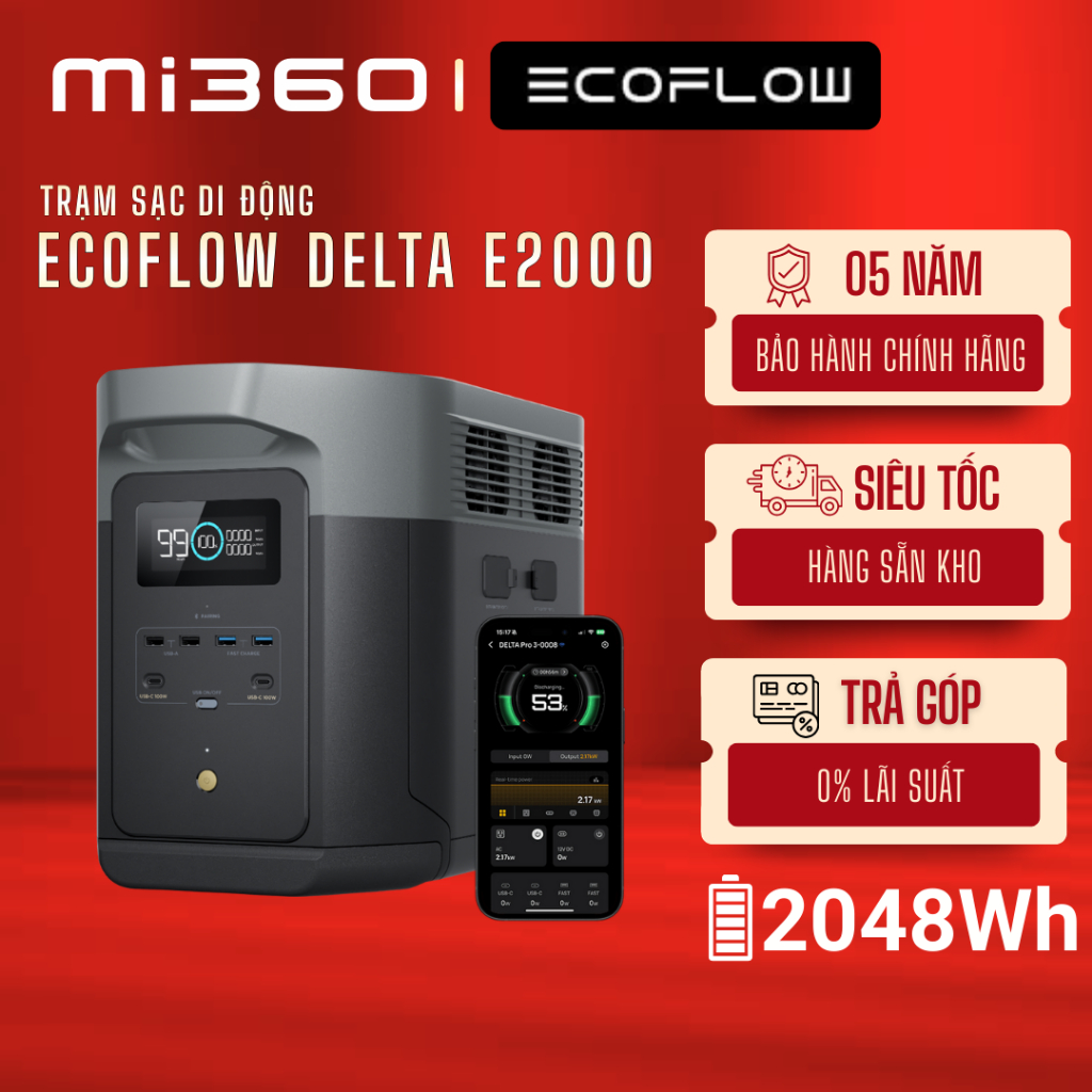 Trạm sạc điện di động EcoFlow DELTA E2000 - 2048Wh 2400W - Kết Nối APP - Bảo hành 5 năm