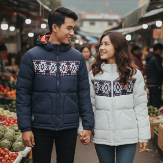  Áo Khoác Phao LÓT LÔNG VỊT Dày UNISEX  Nam Nữ  - Họa Tiết Thổ Cẩm Hiện Đại Chống Gió Siêu Ấm 