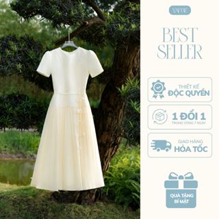  Váy Nữ Dáng Xòe YAME Ngắn Tay Vải Chéo Phối Tơ Cổ Tròn Kèm Dây Đai Hoa YV715 